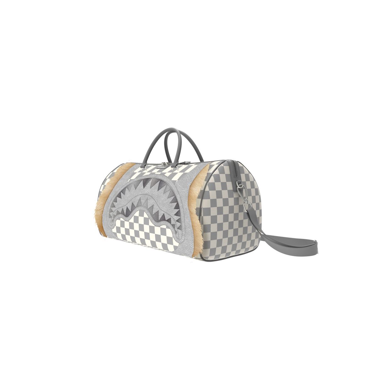 Checkered patterned bag with shark design on a white background