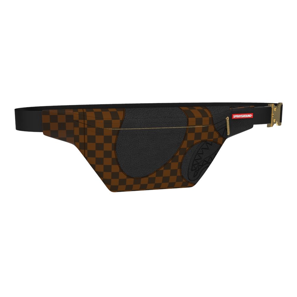 Brown checkered fanny pack with a black pouch on a white background