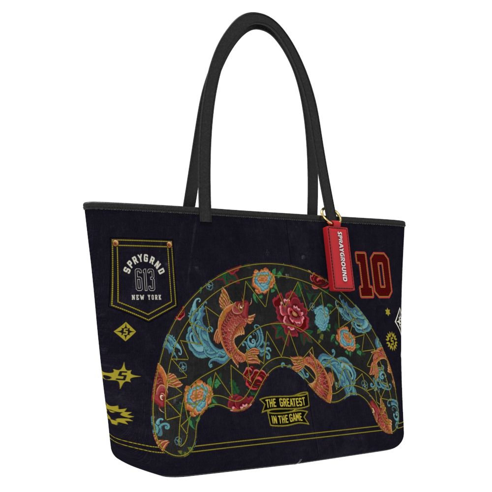Black tote bag with colorful design and brand tag on a white background