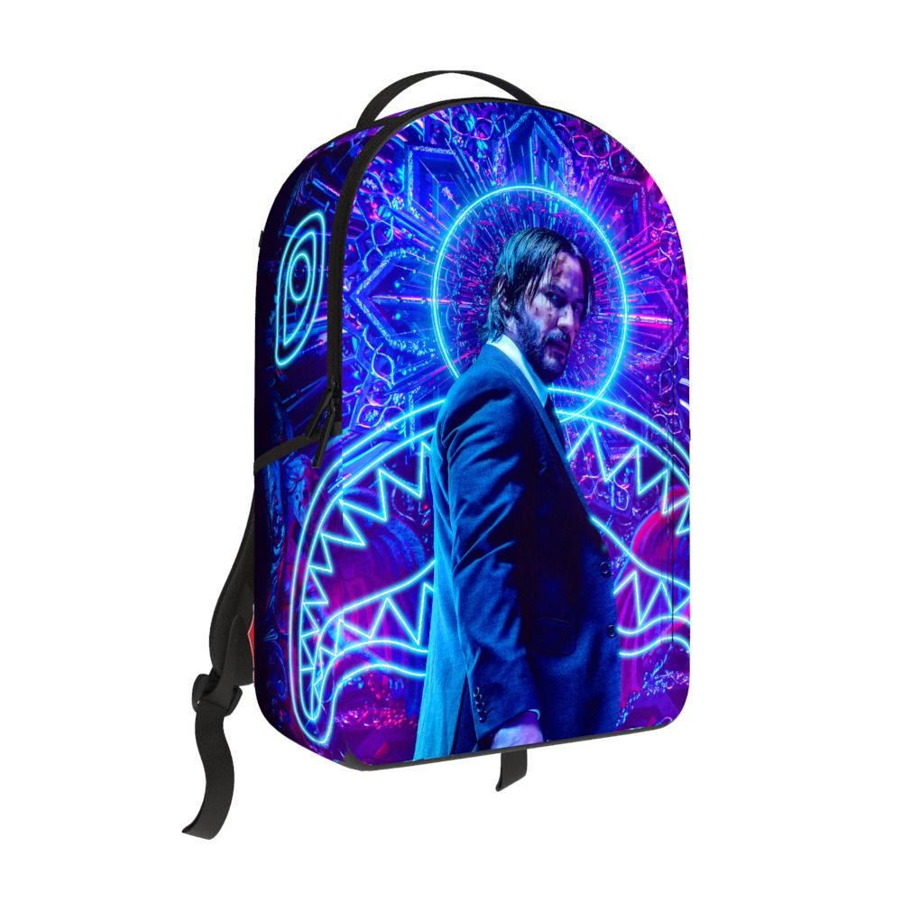 Backpack with a colorful design featuring a person in a suit and abstract patterns on a white background.