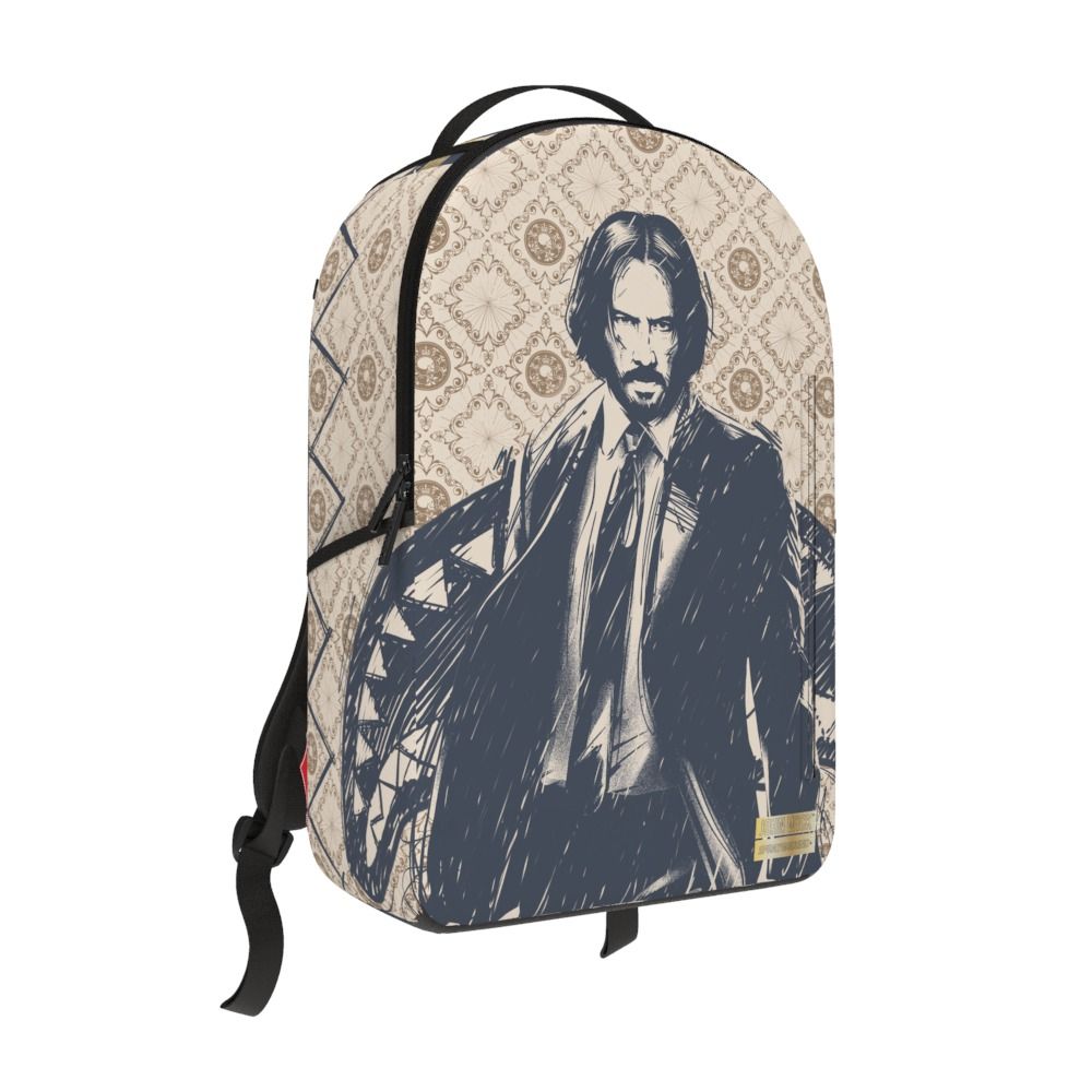 Backpack with a graphic design of a person in a suit on a beige patterned background
