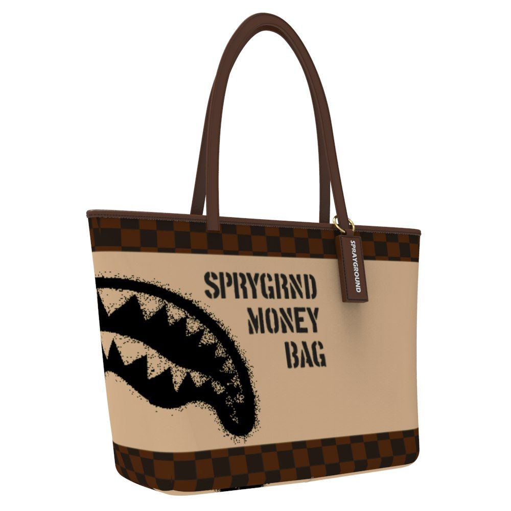 Tote bag with checkered pattern and 'SPRYGRND MONEY BAG' text on a beige background