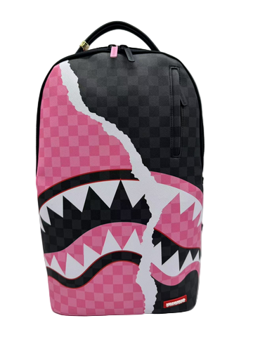 Backpack with pink and black shark design on a white background