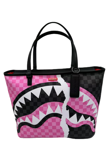 Tote bag with shark design and pink and black checkered pattern on a white background