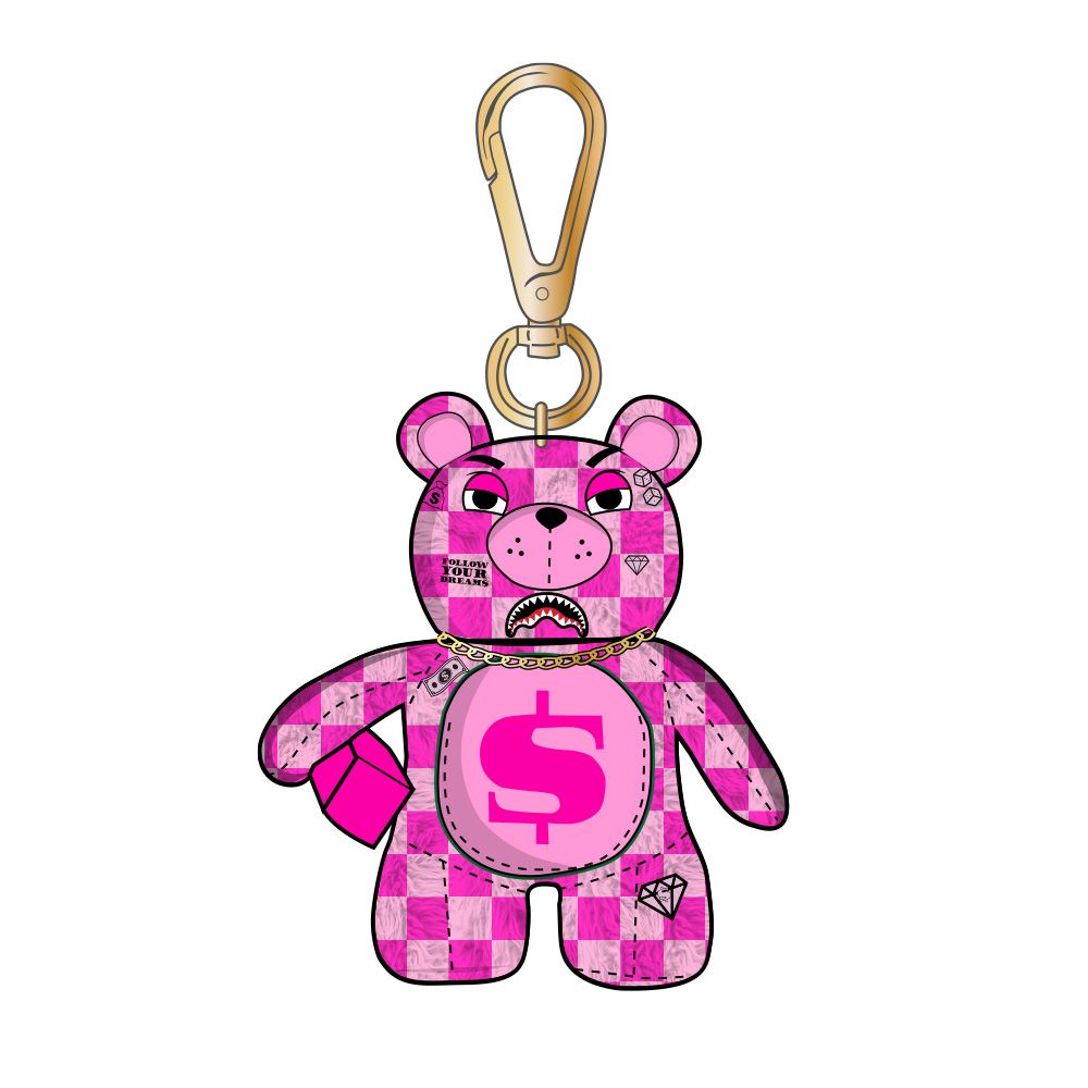 Pink checkered bear keychain with dollar sign on a white background