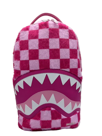 Pink and white checkered backpack with shark mouth design on a white background
