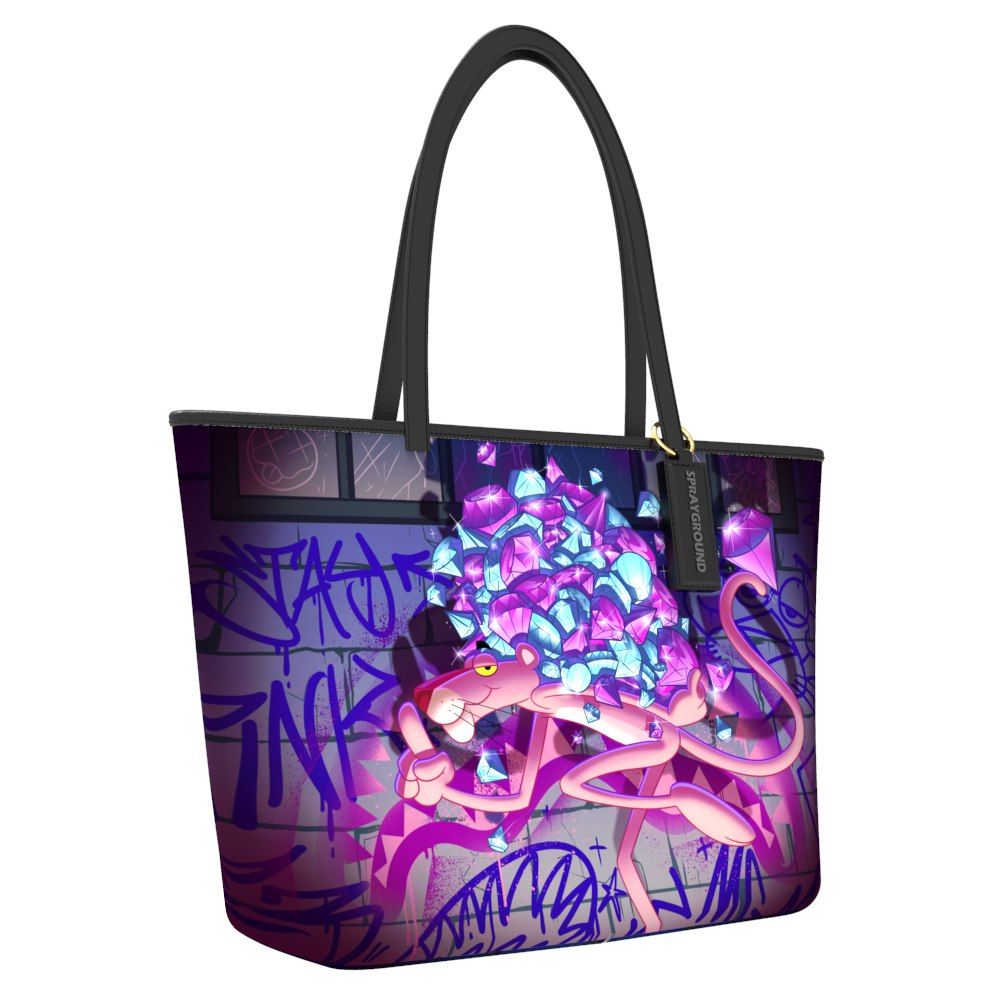 Tote bag with pink flamingo and graffiti design on a white background