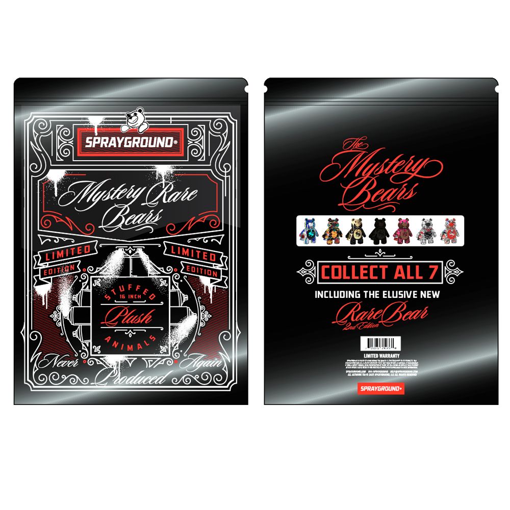 Sprayground packaging for Mystery Rare Bears with promotional text and graphics.