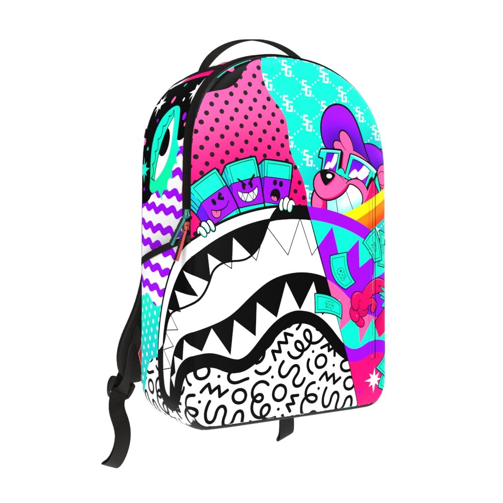 Colorful backpack with cartoon design on a white background