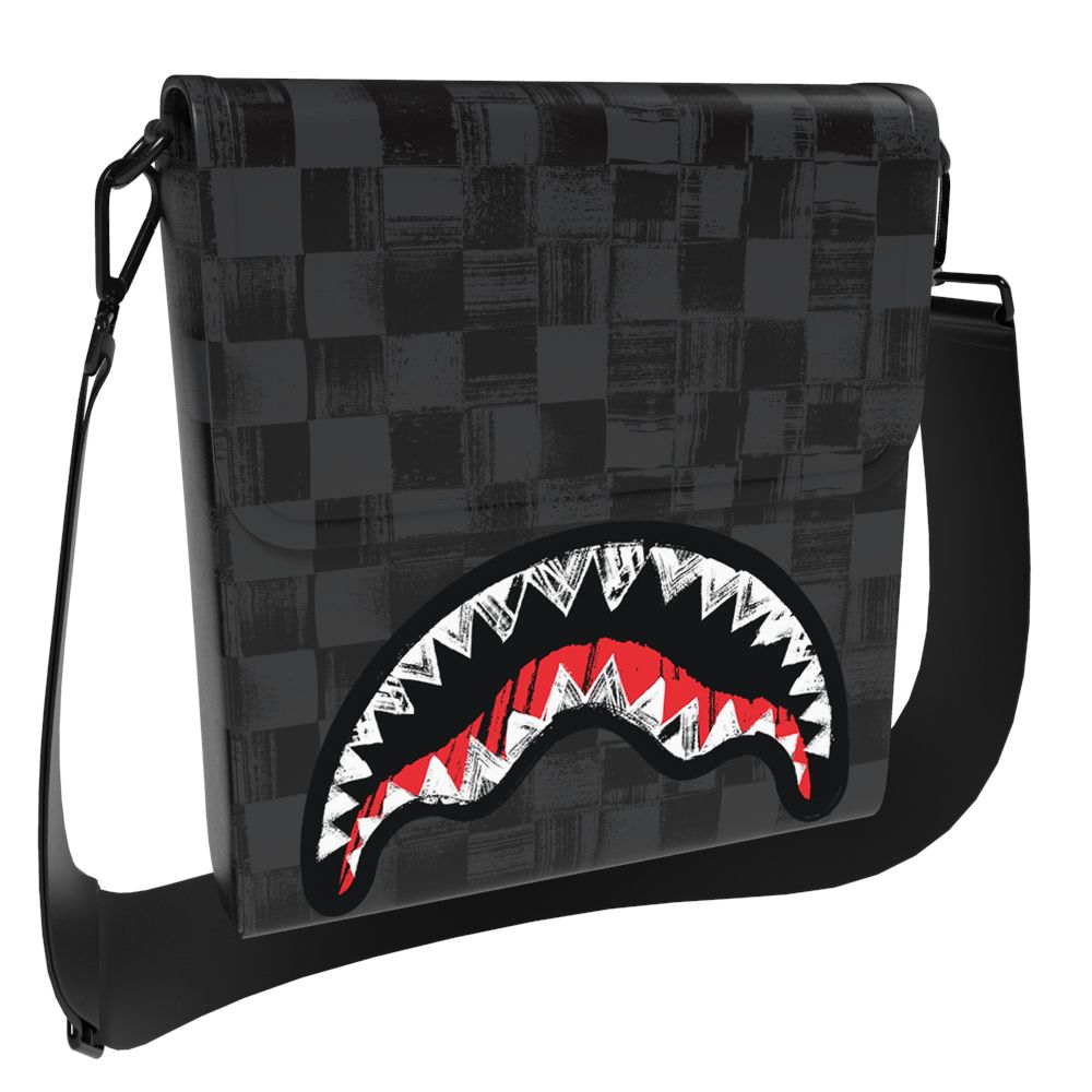 Black checkered bag with a red and white shark mouth design on a white background