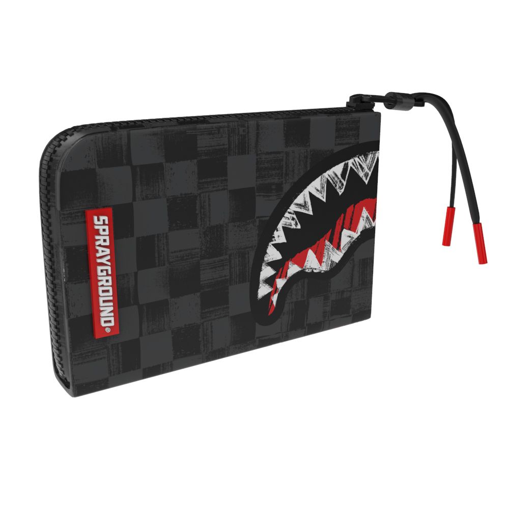 Black checkered pouch with shark design and Sprayground logo on a white background