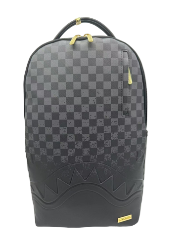 Gray checkered backpack with black accents on a white background