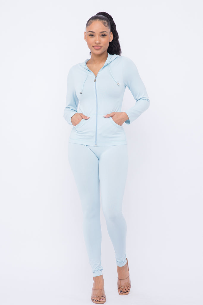 Seamless Zip Up Hoodie Leggings Set - Closet Space