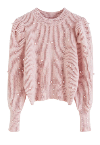 Pearl Embellished Puff Sleeve Sweater
