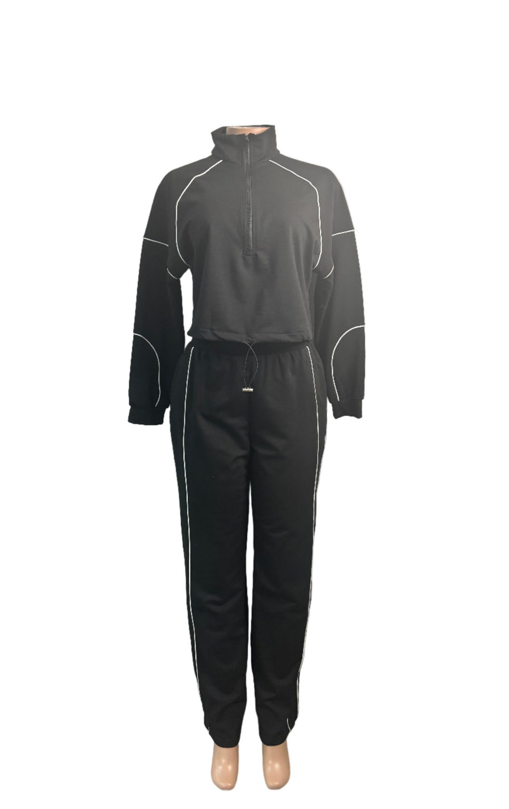 Black tracksuit with white accents on a white background