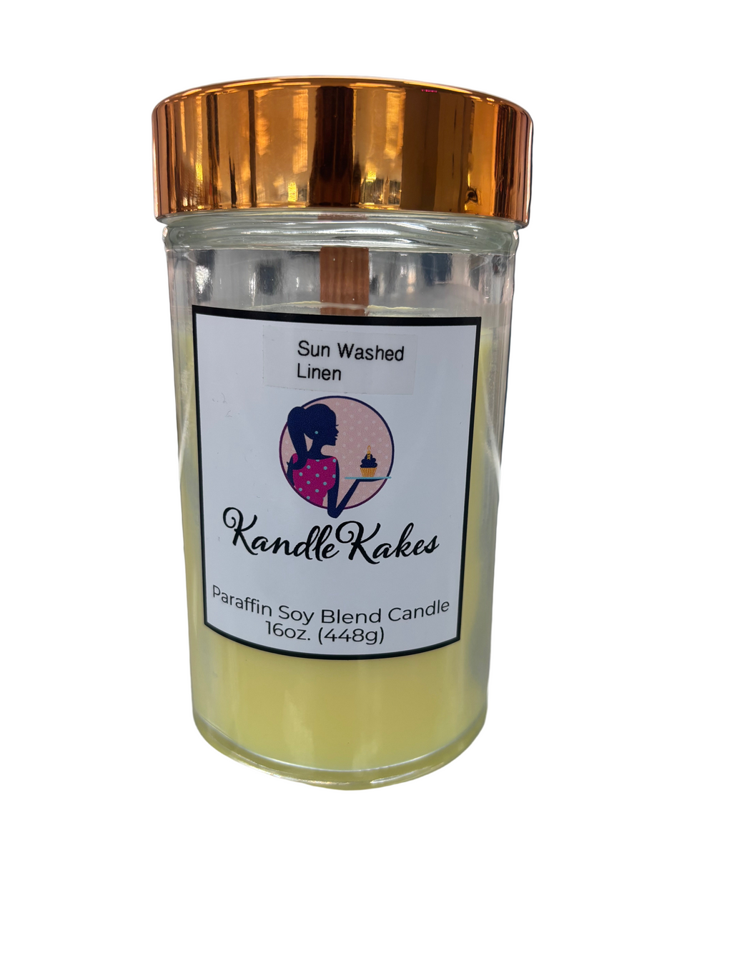 Candle jar with a gold lid and 'Kandle Kakes' label on a white background