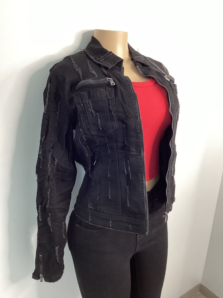 Zipper Detailed Distressed Denim Jacket - Closet Space