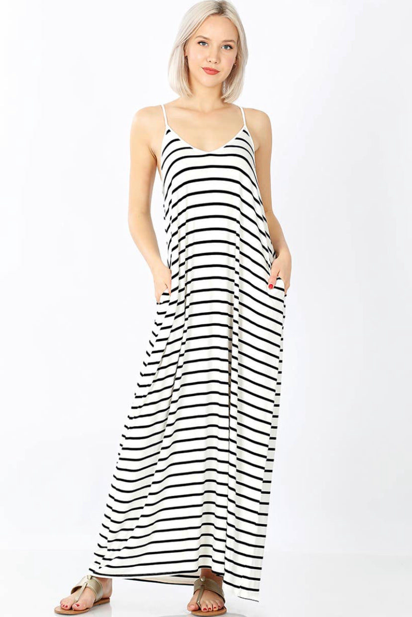 Striped V-Neck Cami Maxi Dress with Pockets - Closet Space