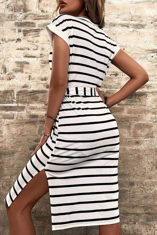 Stripped Button Down Slit Tie V-Neck Dress - Closet Space