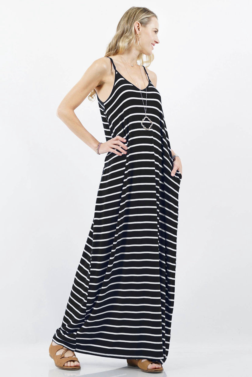 Striped V-Neck Cami Maxi Dress with Pockets - Closet Space