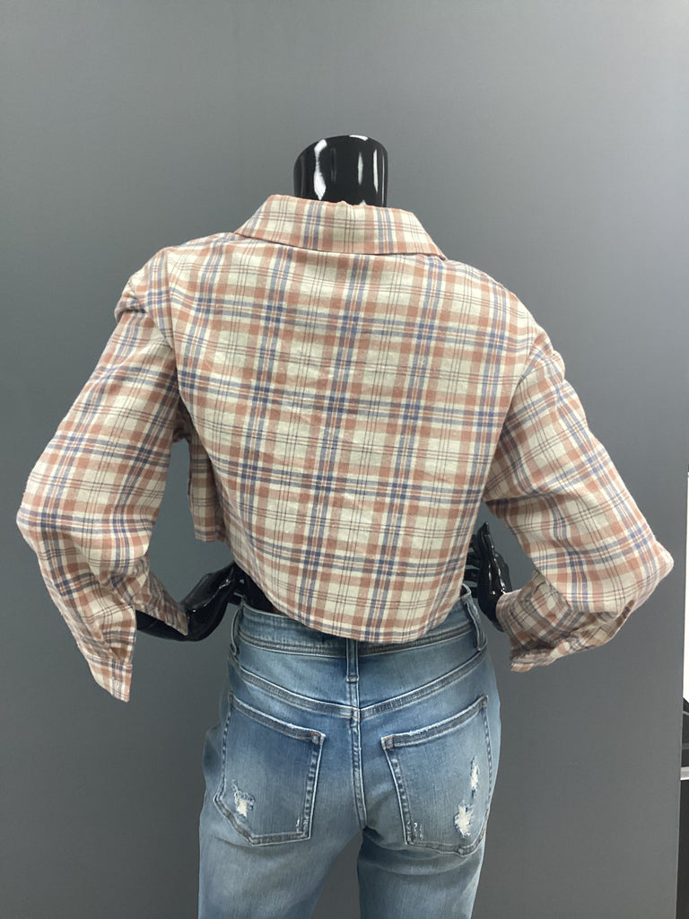 Plaid Crop Long Sleeve Boxy Button Down Shirt - Closet Space