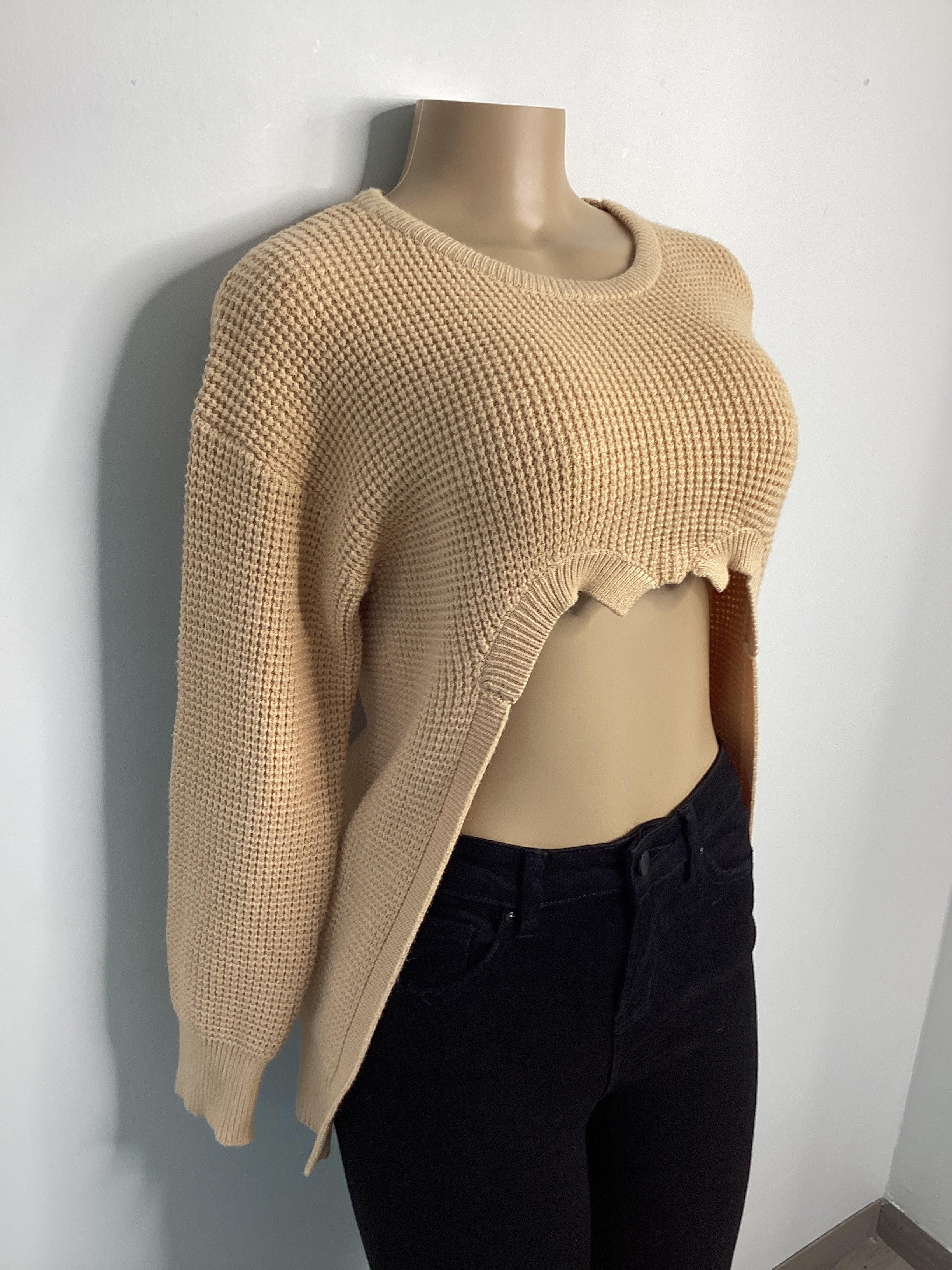 Keyhole Crop Waffle Knit Crew Neck Sweater - Closet Space