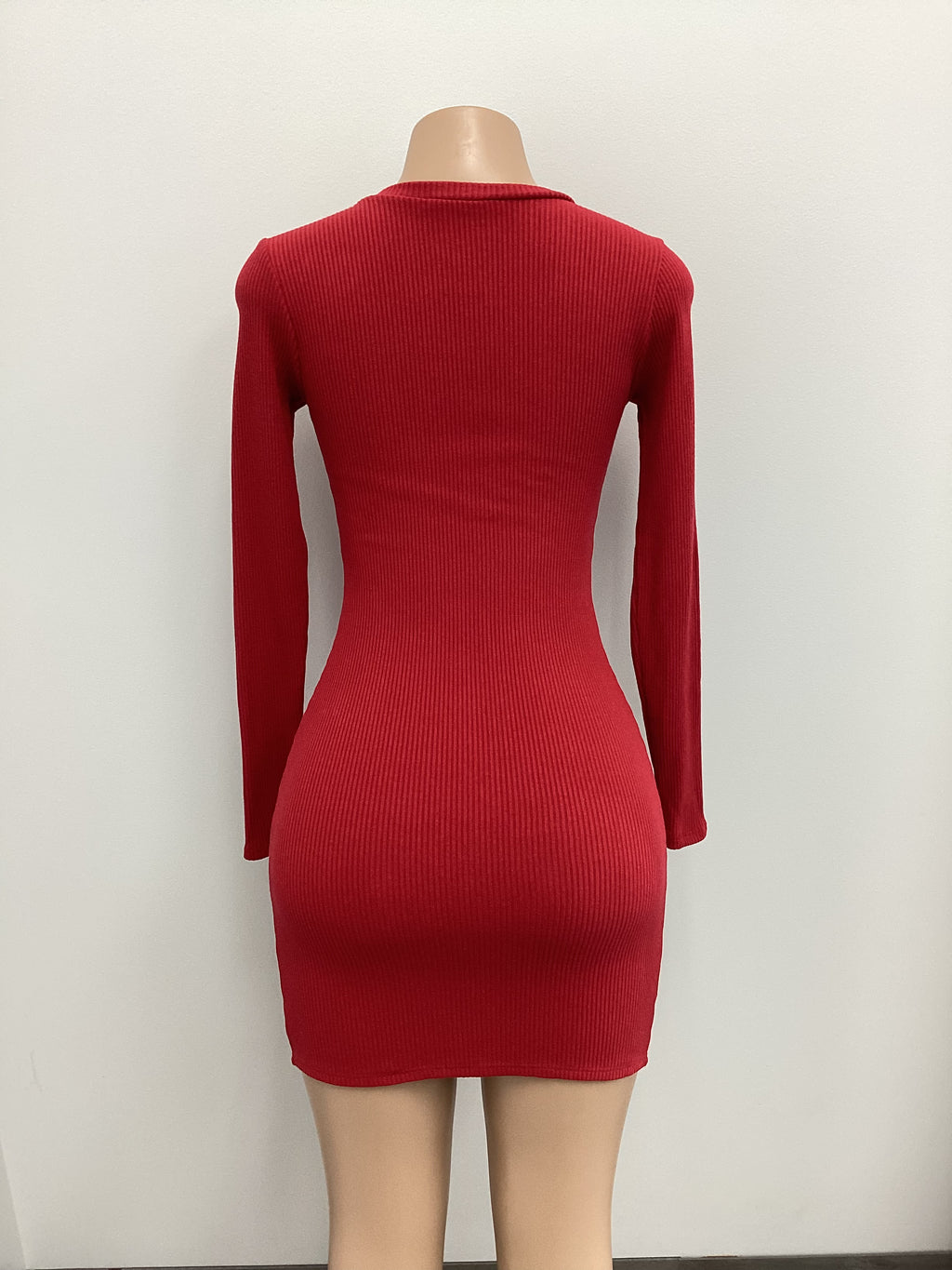 Ribbed Center Front Zipper Long Sleeve Dress - Closet Space