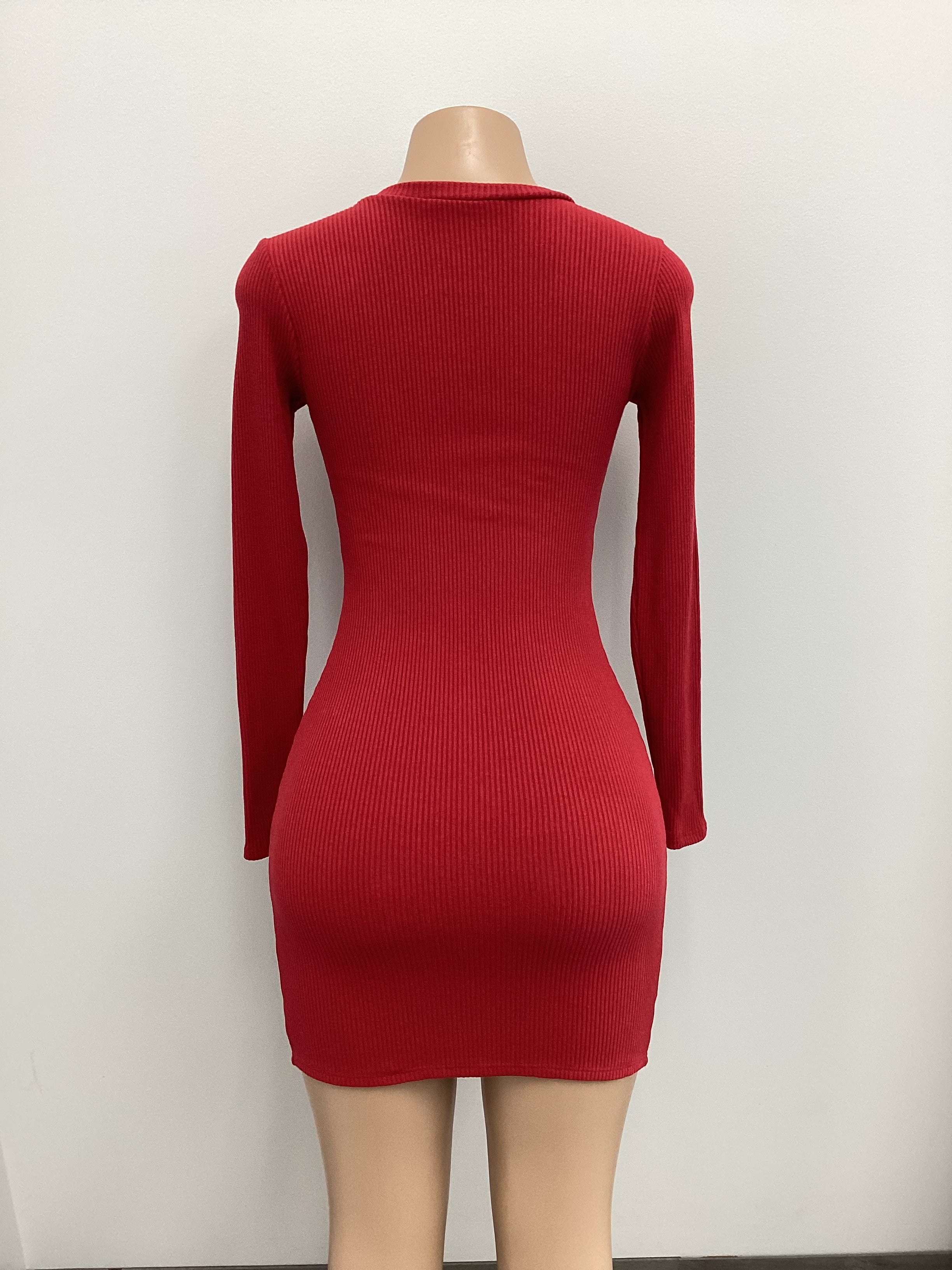 Ribbed Center Front Zipper Long Sleeve Dress - Closet Space