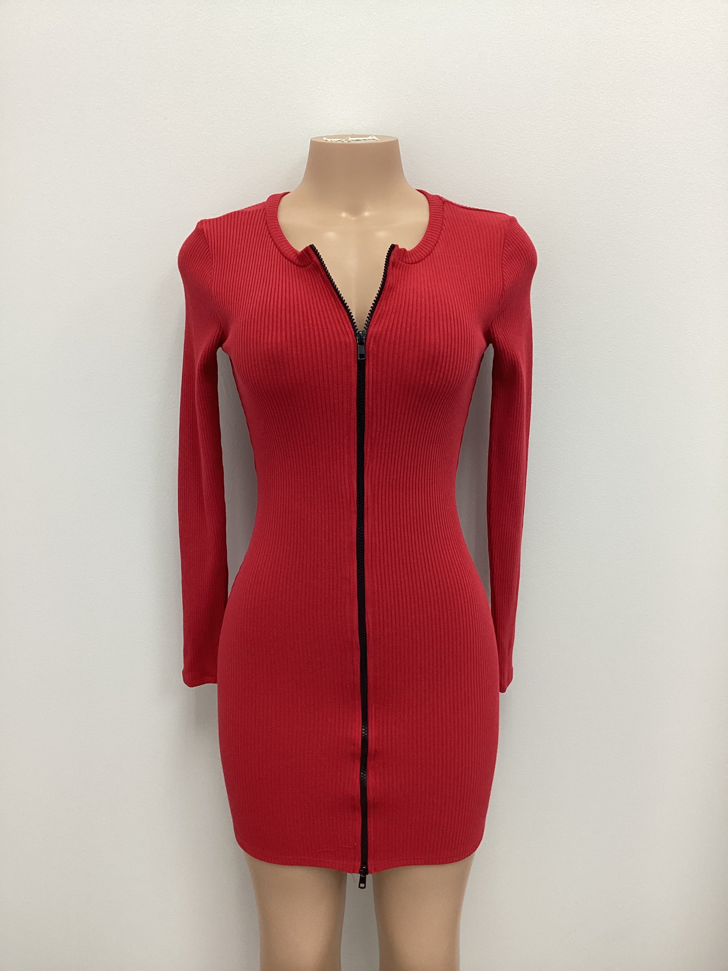 Ribbed Center Front Zipper Long Sleeve Dress - Closet Space