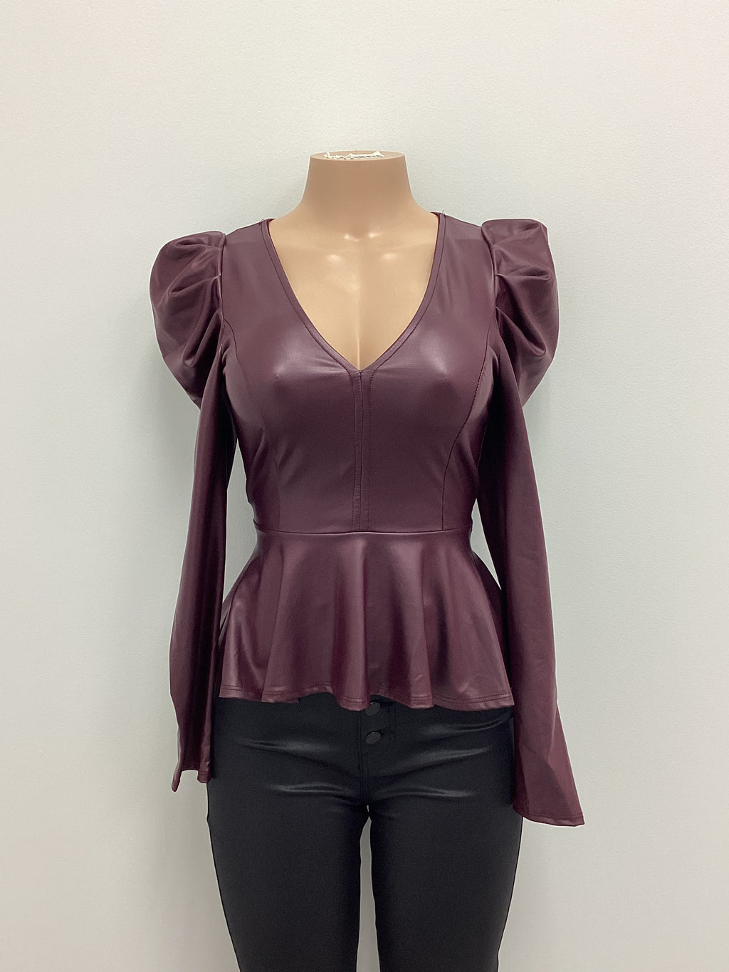 Faux Leather Plunge Neck Peplum Top - Closet Space