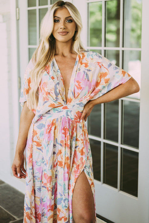 Multi-Color Tropical Floral Print Maxi Dress - Closet Space