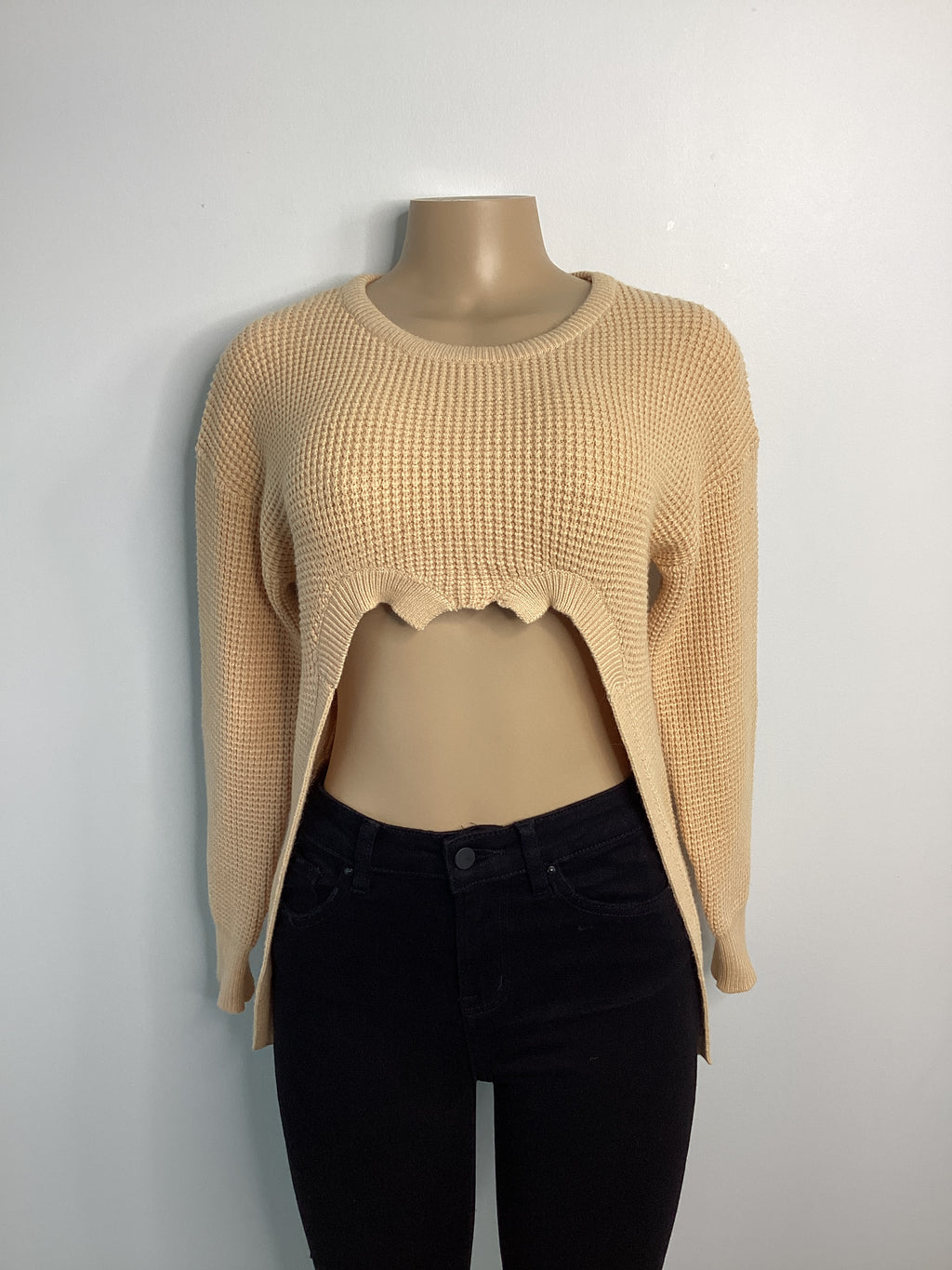 Keyhole Crop Waffle Knit Crew Neck Sweater - Closet Space