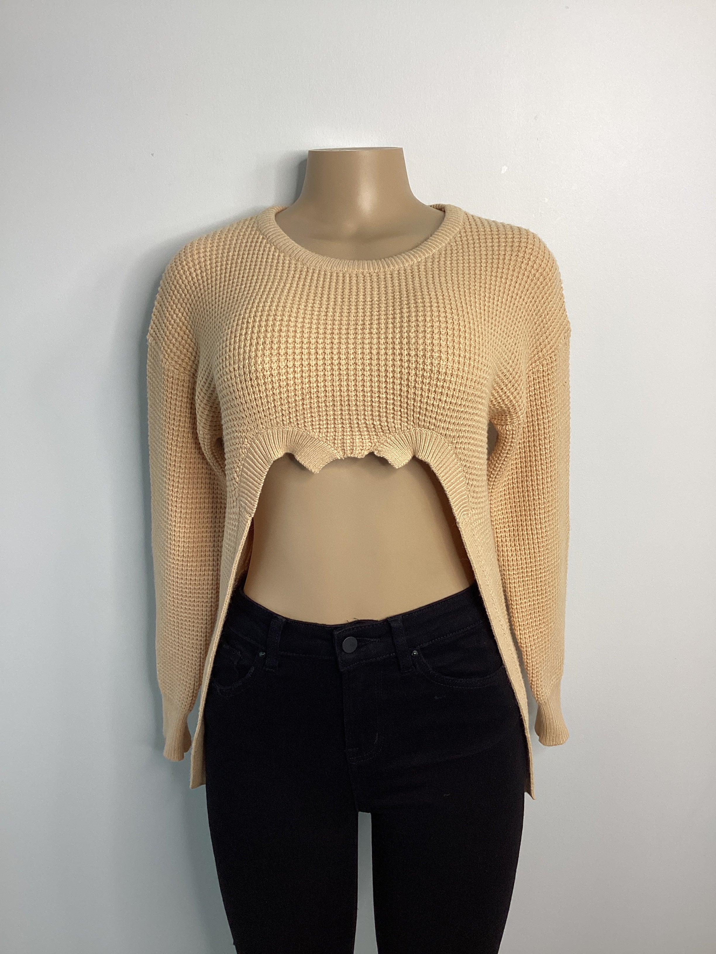 Keyhole Crop Waffle Knit Crew Neck Sweater - Closet Space