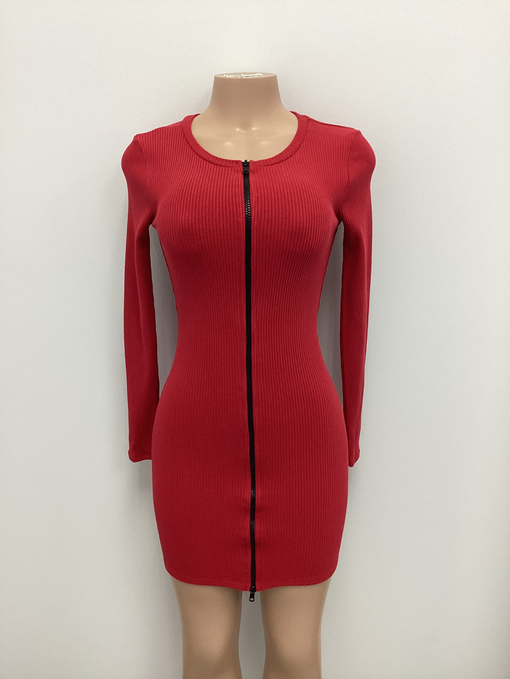 Ribbed Center Front Zipper Long Sleeve Dress - Closet Space
