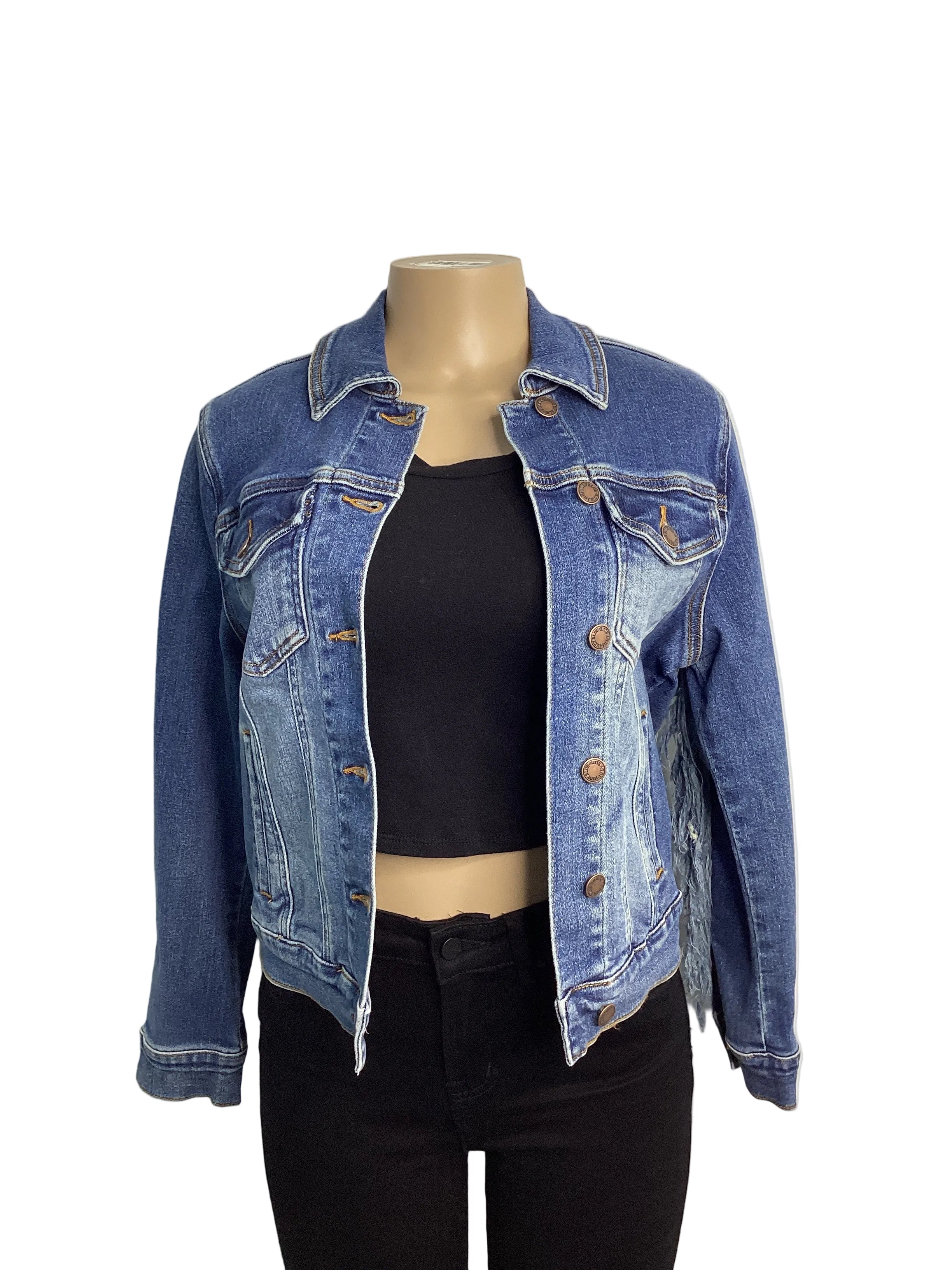JUDY BLUE Medium Wash Distressed Fray Sleeve Denim Jacket - Closet Space
