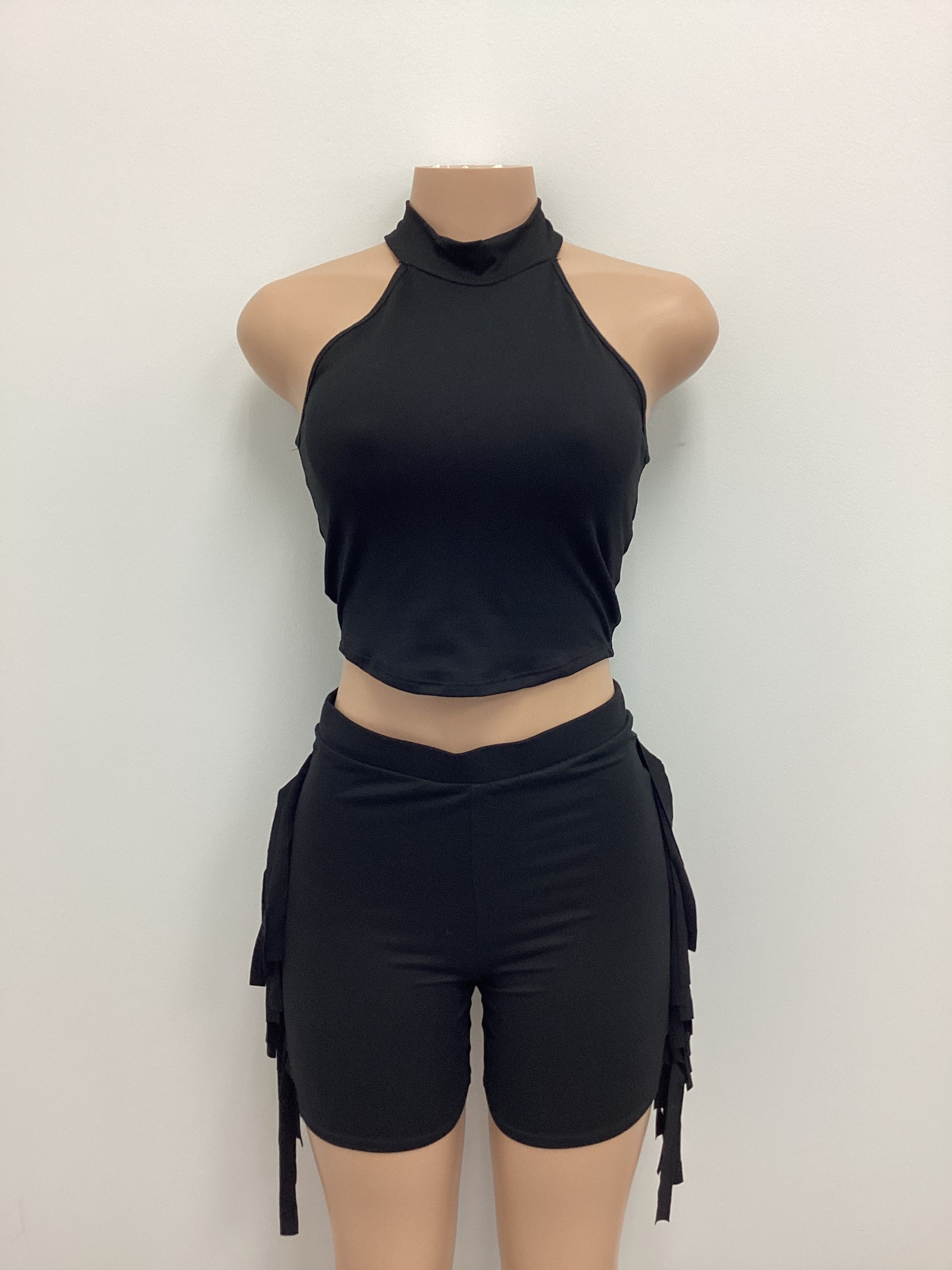 Mock Neck Crop Top & Side Laser Cut Short Set - Closet Space