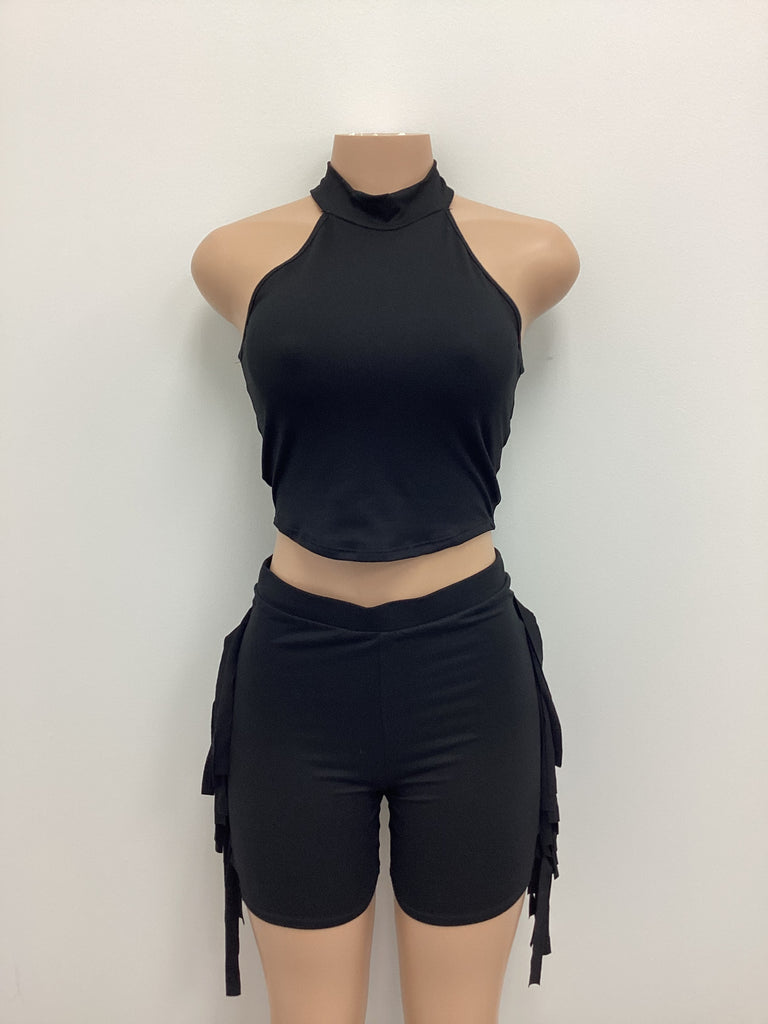 Mock Neck Crop Top & Side Laser Cut Short Set - Closet Space