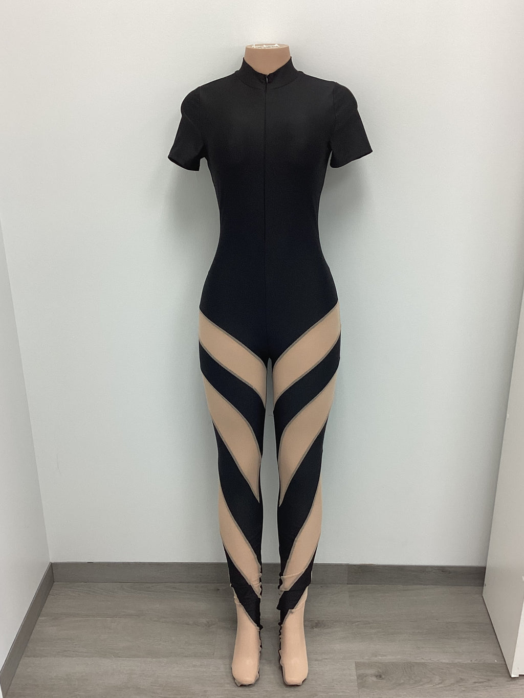 Mesh Color Block Footed Jumpsuit - Closet Space