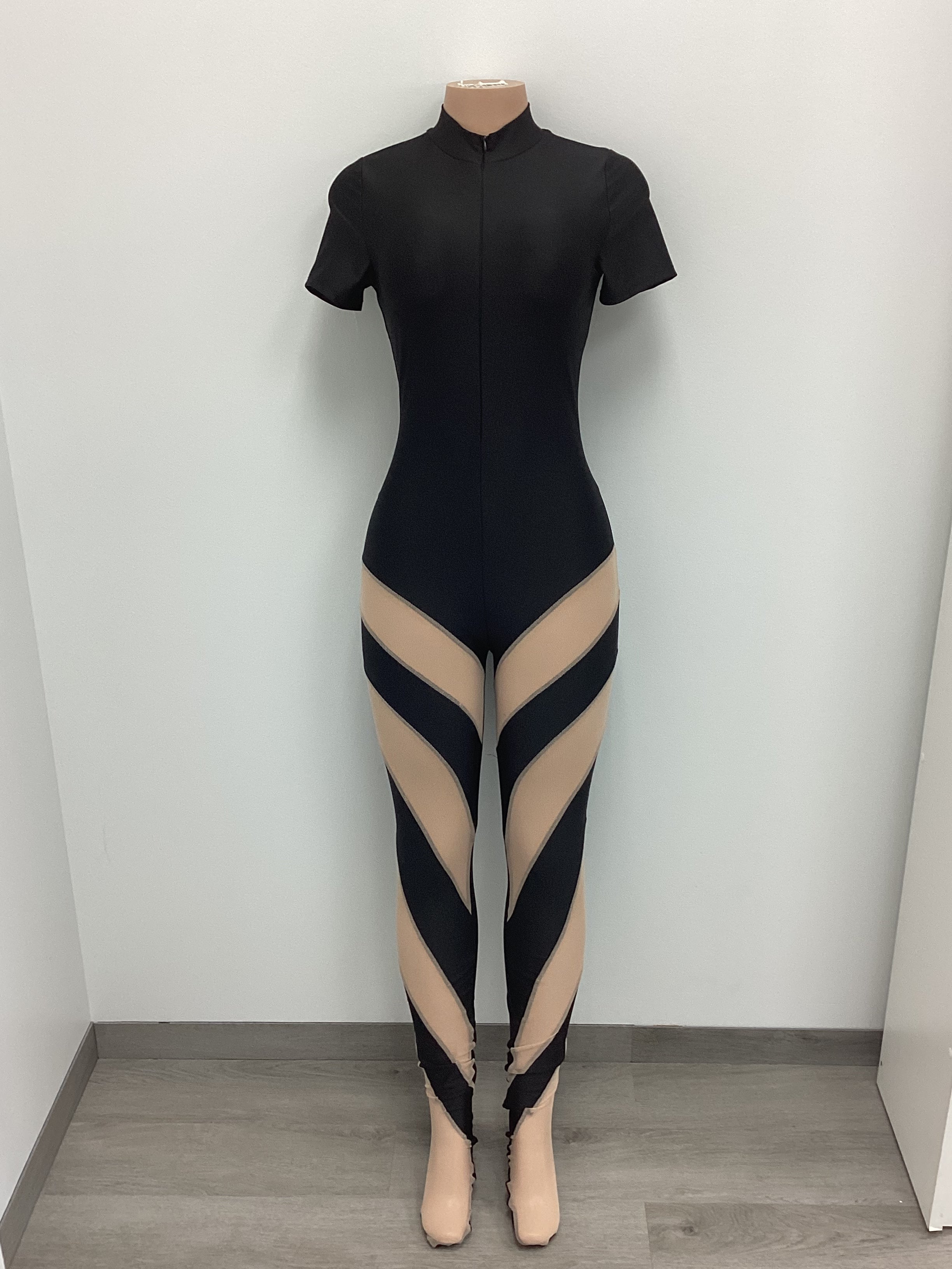 Mesh Color Block Footed Jumpsuit - Closet Space