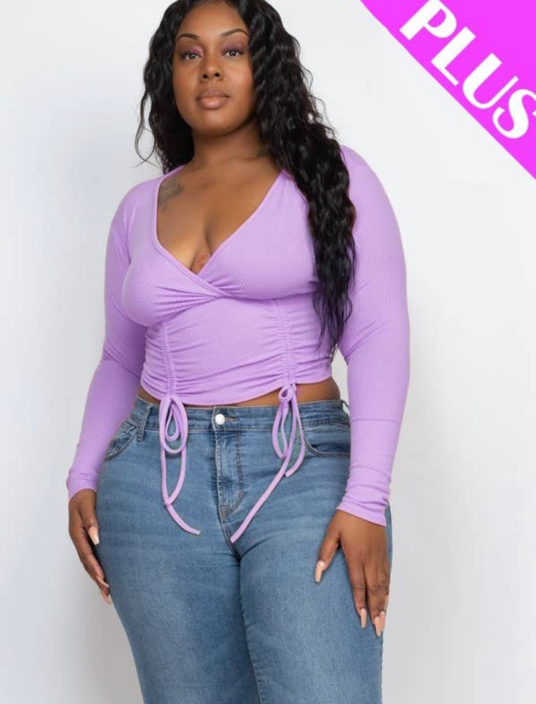 Curvy - Lavender Long Sleeve Ribbed Front Tie Top - Closet Space