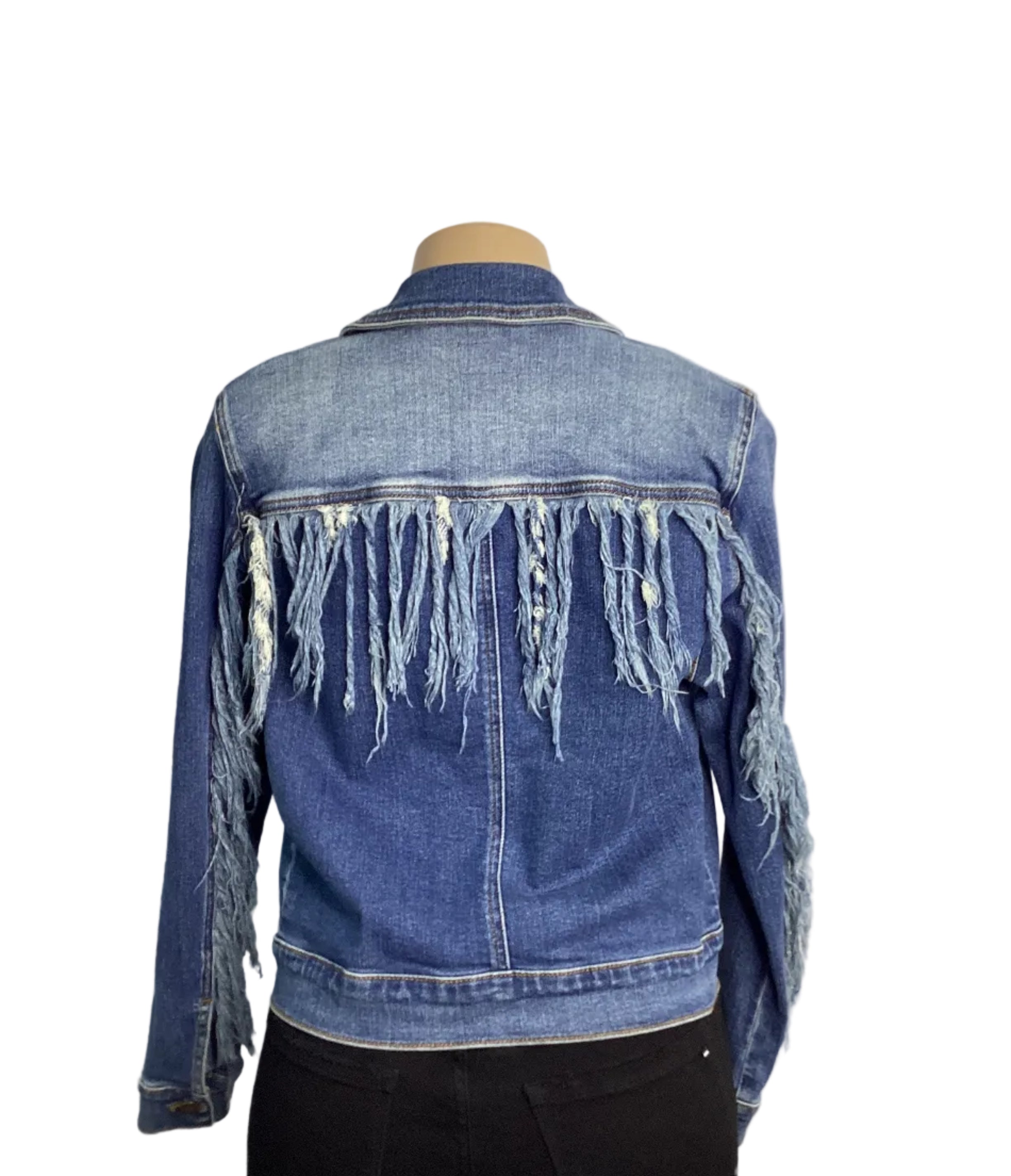JUDY BLUE Medium Wash Distressed Fray Sleeve Denim Jacket - Closet Space