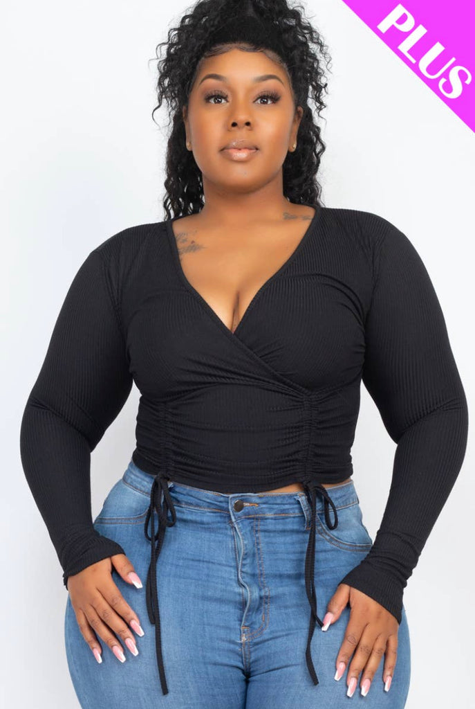 Curvy - Black Long Sleeve Ribbed Front Tie Top - Closet Space