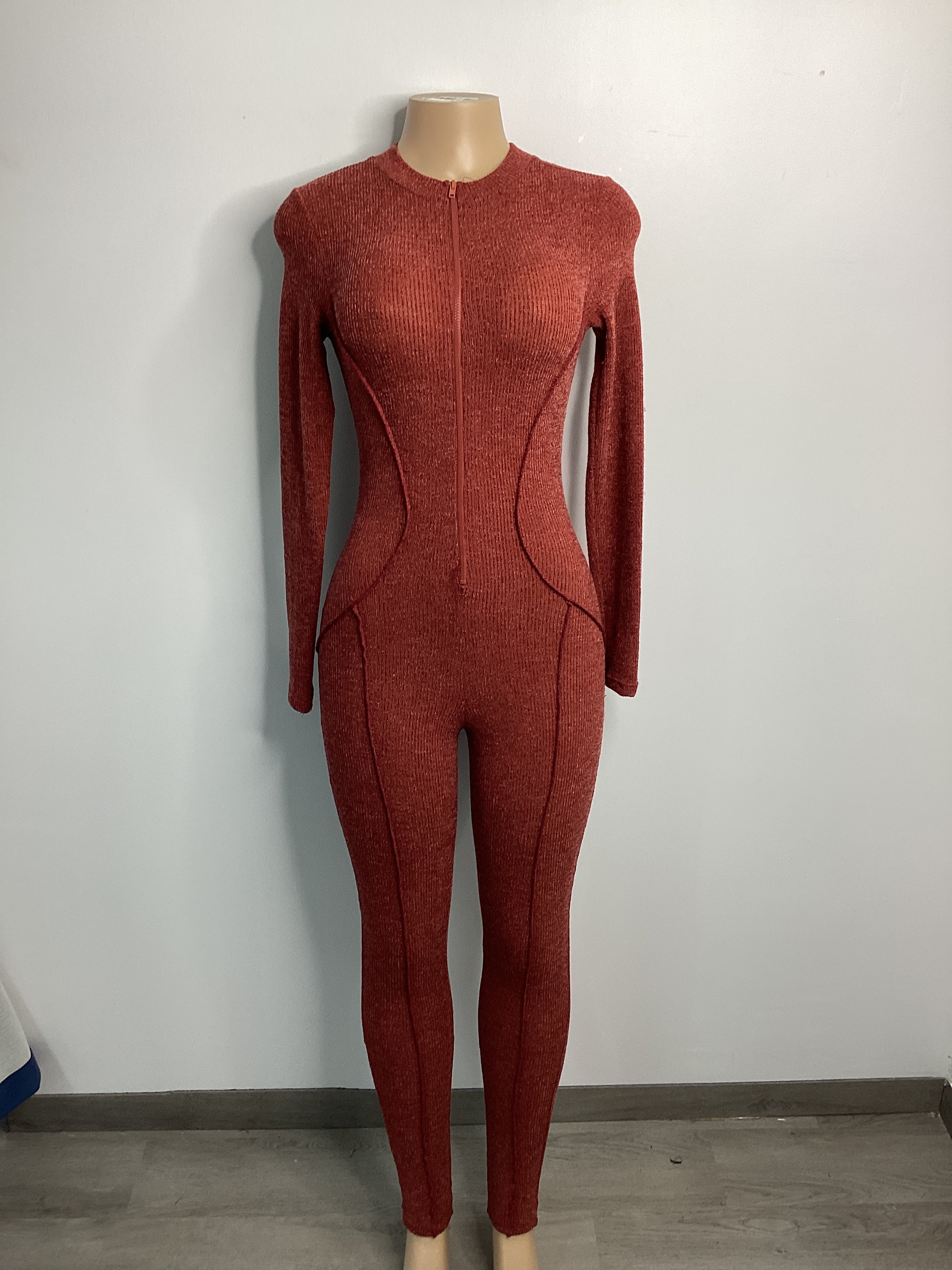 Mock Neck Zipper Rib Jumpsuit - Closet Space