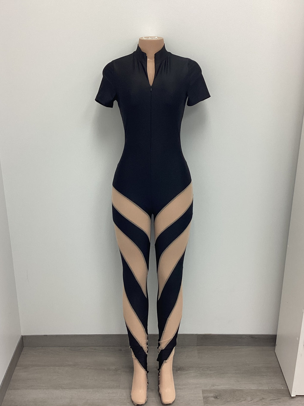 Mesh Color Block Footed Jumpsuit - Closet Space