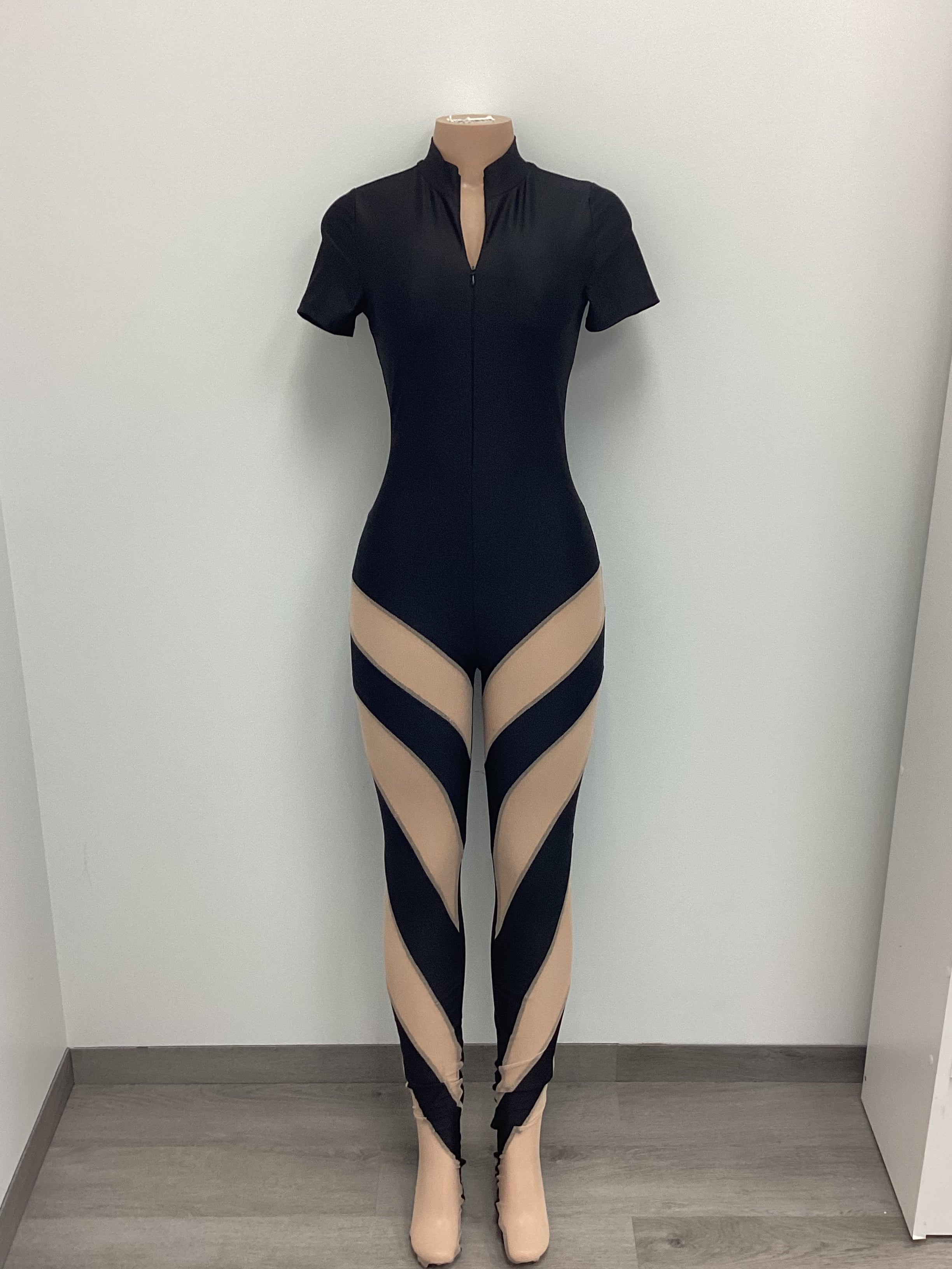 Mesh Color Block Footed Jumpsuit - Closet Space