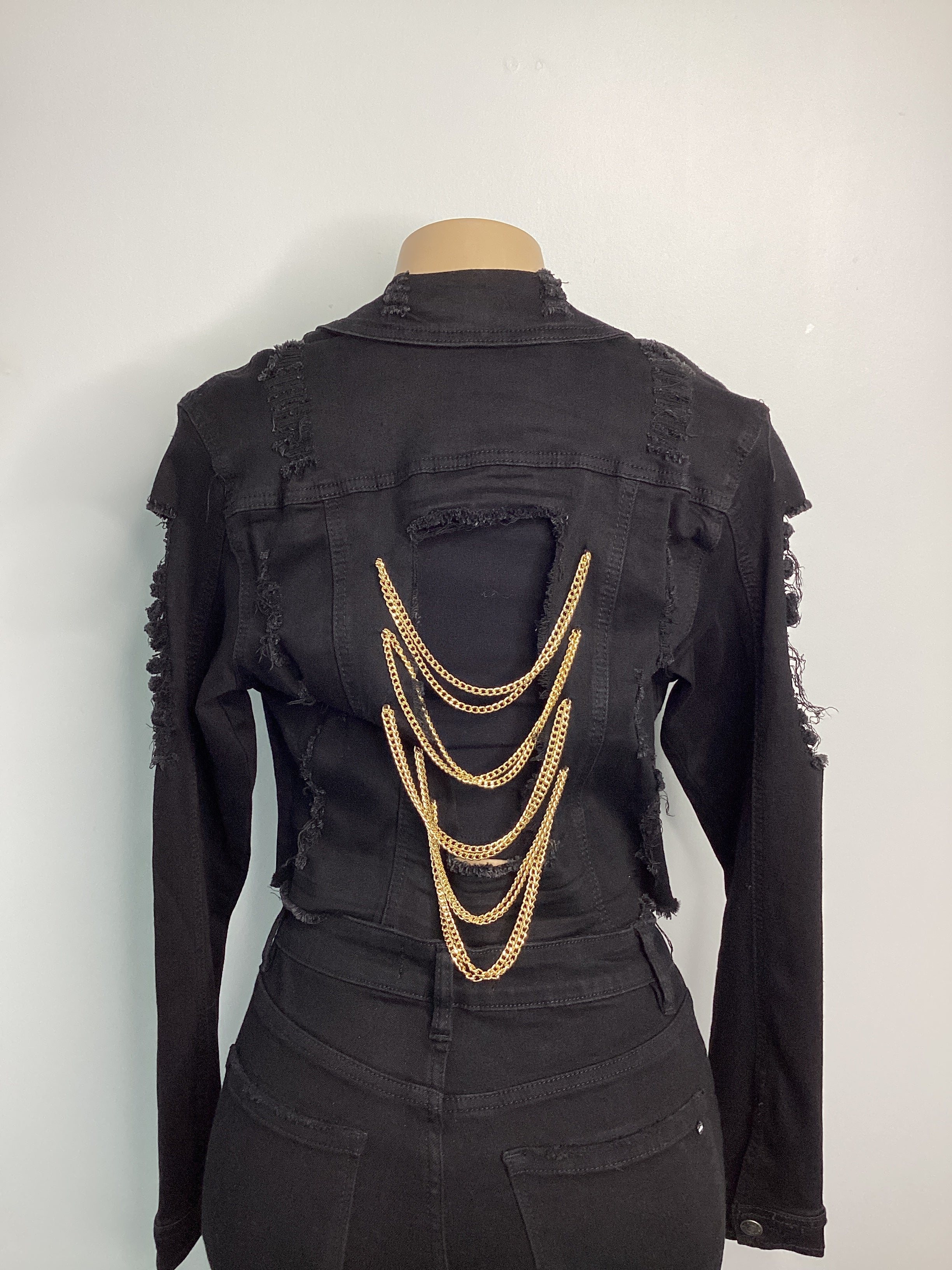 Cropped Distressed Stretch Fashion Jacket Tier Chain Back - Closet Space