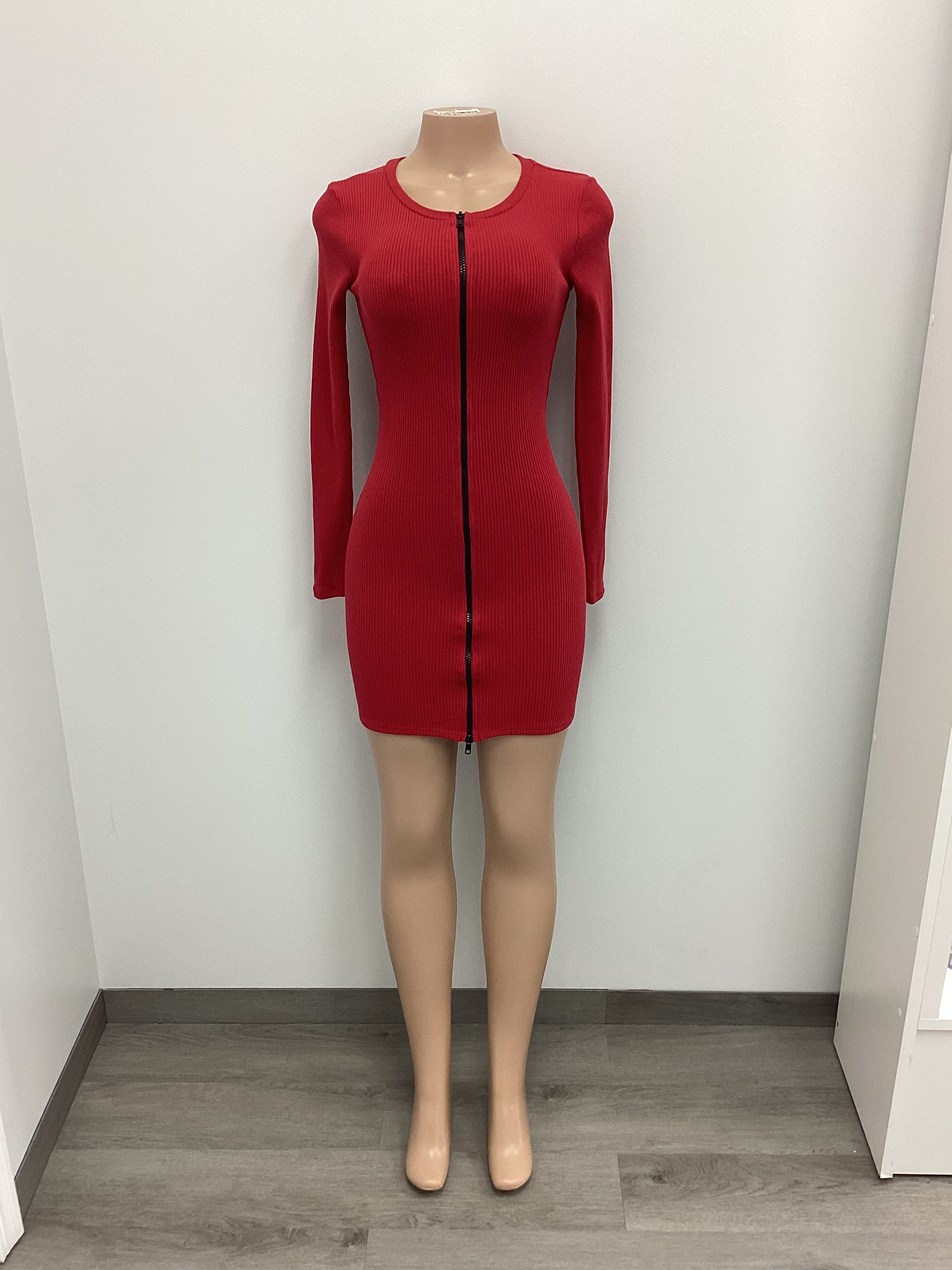 Ribbed Center Front Zipper Long Sleeve Dress - Closet Space