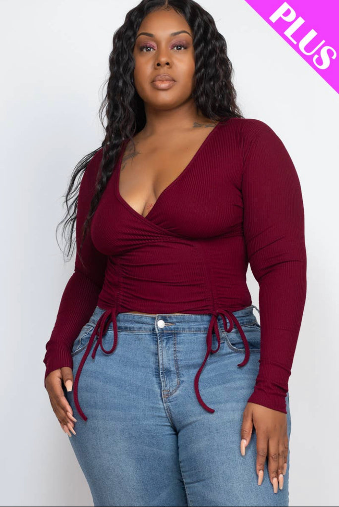 Curvy - Maroon Long Sleeve Ribbed Front Tie Top - Closet Space