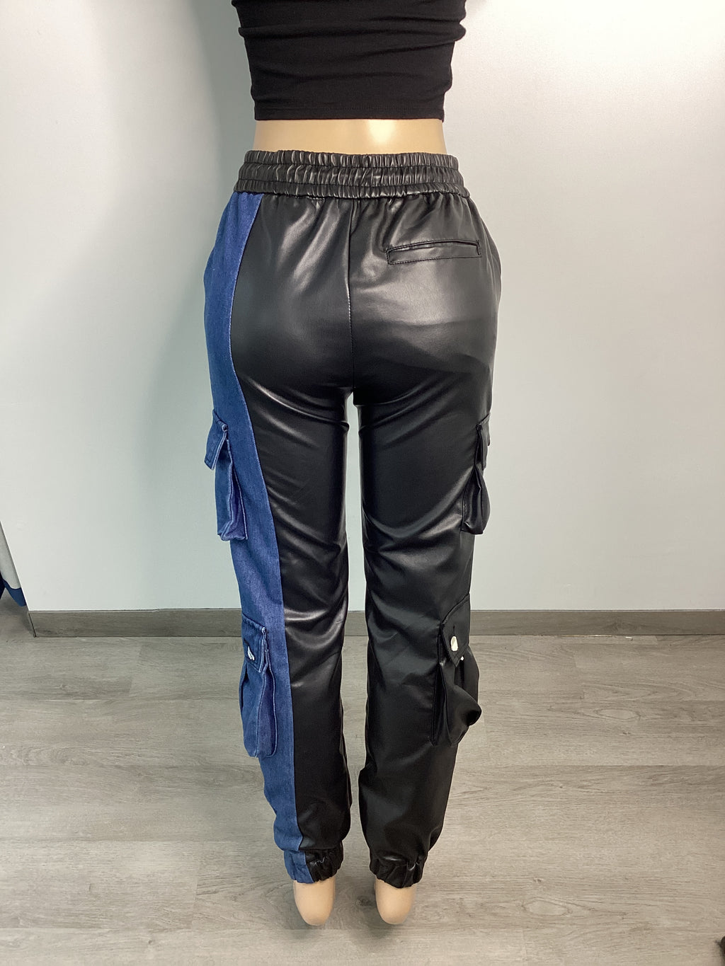 Elastic Waist Leather Denim Split Cargo Jogger Pant - Closet Space
