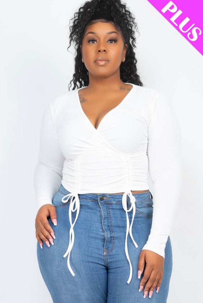 Curvy - White Long Sleeve Ribbed Front Tie Top - Closet Space